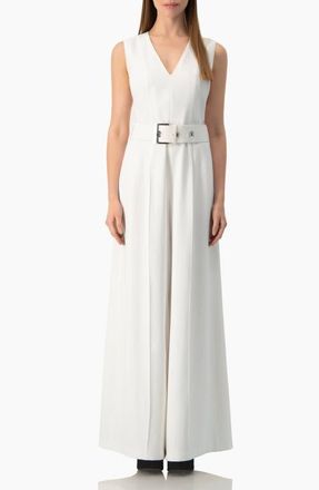 Ivonne Clean V-Neck Buckle-Belt Wide-Leg Tailored Jumpsuit in White at Nordstrom, Size 14