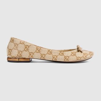 Gucci Womens Crystal Ballerina With Bamboo, Beige, GG Canvas
