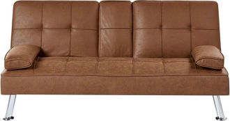 Beliani Sofa Bed Golden Brown Faux Leather 3 Seater Drop Down Table Click Clack ROXEN