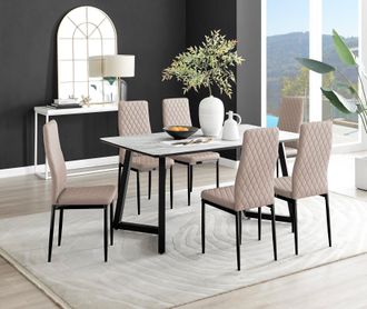 Furniturebox Carson White Marble Effect Dining Table & 6 Milan Black Leg Chairs in Beige
