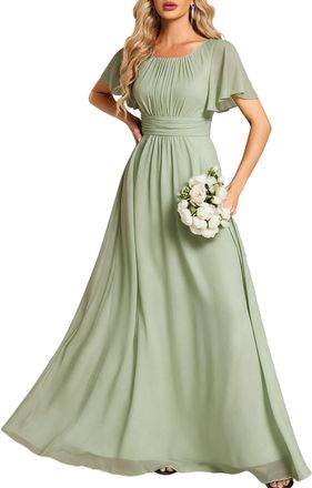 Ever-pretty Simple Chiffon Pleated A-Line Round Neckline Maxi Bridesmaid Dress Mint Green 22UK