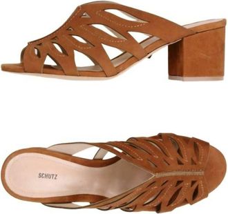 Schutz Women Suede Leather Open Toe Slip On Laser Cut Sandals In Brown