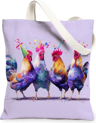 Generic Fanciful Rooster Canvas Tote Bags, Colorful Chicken Pattern Reusable Bags, Lightweight Washable Canvas for Shopping Travel, Violet, 13x15 Inch