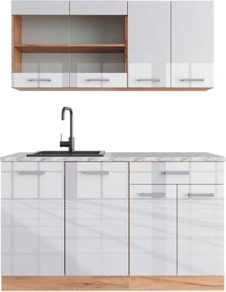 Vicco Cocina versátil R-Line, Blanco brillo intenso/roble dorado, 140 cm, et Mármol