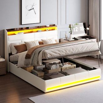 OEM Cama 140x190 Cm, Tt01, Led Regulable, Hidr&aacute;ulica, Contempor&aacute;nea, Cama Para Adultos, Marco De Cama Doble 140x190 Cm, Tejido Pu, Blanco