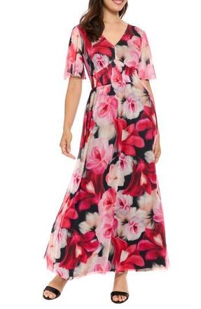 London Times Smocked Maxi Dress in Black/Coral at Nordstrom Rack, Size 12
