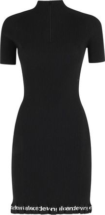 Alexander Wang Ribbed SS Dress W Logo - Dames - Kleedjes - Zwart - S - Leer - Kleedjes