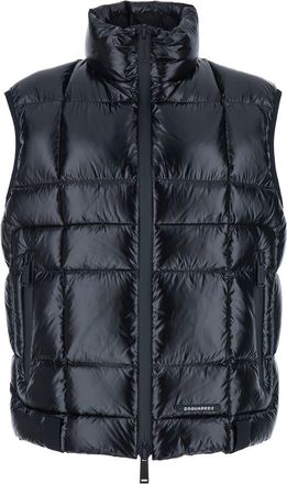 Dsquared2 Black Sleeveless Down Jacket With High Neck And Logo Patch On The Front In Tech Fabric Man