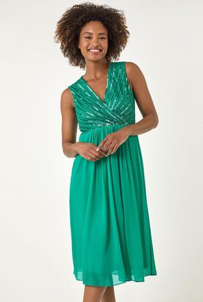 Roman Embellished Beaded V-Neck Dress