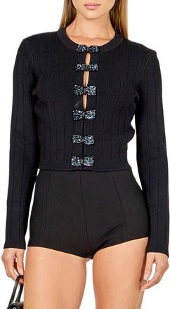 endless rose Bow Detail Crop Rib Cardigan in Black at Nordstrom, Size X-Small