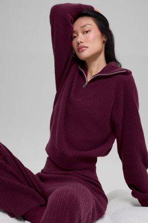 Alo | Cashmere Plush Waffle 1/4 Zip Pullover Top in Burgundy, Size: Medium