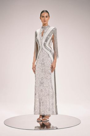 Karen Millen Womens Premium Embellished Tassel Sleeve Woven Maxi Dress - White - Size 12 UK