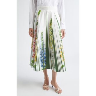 Oscar De La Renta Foxgloves Cotton Poplin Skirt in Green Multi at Nordstrom, Size 12