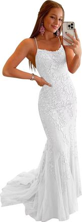 Generic Mermaid Long Party Dresses for Teens Spaghetti Strap Tulle Prom Gowns Backless Lace Applique Formal Evening Dress White