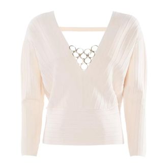 Nenette V-neck Knitwear, female, Beige, Size: XS Maglia a costine con elemento decorativo metallico a catena