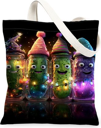 Generic Fanciful Pickles Canvas Tote Bags, Fun Festive Pattern Reusable Grocery Bags, Lightweight Washable Shoulder Strap Canvas Fo, Black, 13x15 Inch