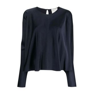 Forte_Forte Overhemden, Dames, Blauw, L, Elegante Blauwe Zijden Ronde Hals Blouse