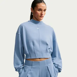 Nike Womens Studio Fleece Lightweight French Terry Oversized Cropped Pleated Crew in Blue | IM8397-486