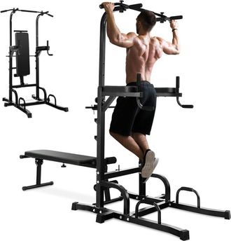 Costway Costway - Torre De Energ&iacute;a Con Banco, Estaci&oacute;n Inmersi&oacute;n Multifuncional De Entretenimiento Con Barra De Dominadas Y Banco Plegable Ajustable En Altura