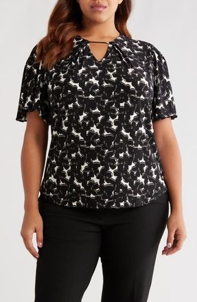 Anne Klein Print Flutter Sleeve Top in Anne Black/White Dove at Nordstrom, Size 1X