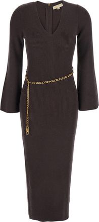 Michael Kors Brown Dress With Chain Belt And Logo Plaque On The Rear In Wool Blend Stretch Woman