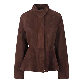 Alaia Jassen, Dames, Bruin, S, Katoen, Suede Geitenleren Peplum Jas