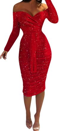 Generic Bandeau Dresses Satin Dresses for Women Tight Dress - Glitter Women Elegant Off Shoulder Long Sleeve Bodycon Midi Dress Sequin Dress with Belt Party D