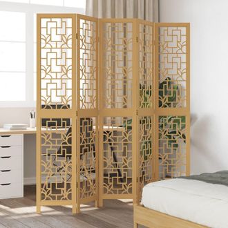 vidaXL Biombo Separador De 5 Paneles Madera Maciza Paulownia Marr&oacute;n Vidaxl