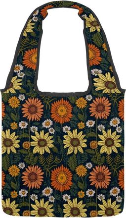 Generic Vintage Flower Sunflower Reversible Canvas Shoulder Tote - Double-Sided Print, 12oz Cotton, 27cm Drop, Fold-Flat Bag for Travel, Shopping, Street Outi