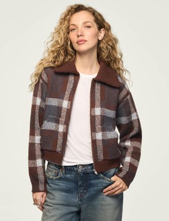 Lucky Brand Womens Plaid Bomber Sweater
