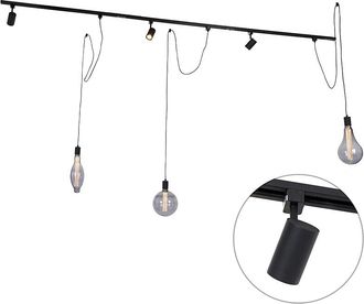 QAZQA Moderno Sistema De Riel Monof&aacute;sico Con 3 Focos Y 3 L&aacute;mparas Colgantes Negras - Cavalux Jeana Aluminio /acero /pl&aacute;stico Alargada Adecuado Para Led Max.