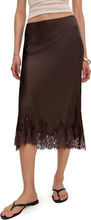 Reformation Carolina Lace Trim Silk Midi Skirt in Black Bean at Nordstrom, Size X-Small