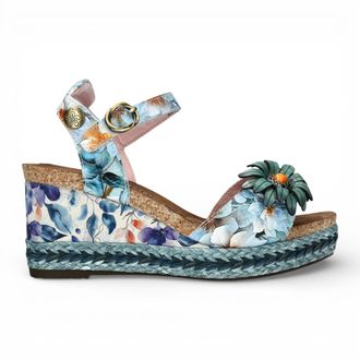 Laura Vita Laura Vita Womens Facyo 75 Blue Floral Leather Wedge Espadrille Sandals - Size EU 36