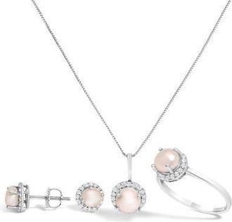 House of Brilliance 10K Gold Gemstone and 3/8 Cttw Diamond Halo Jewelry Set in White | Pearl at Nordstrom