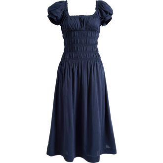 Reformation Riva Shirred Midi Dress in Midnight at Nordstrom, Size X-Small