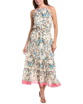 Max Studio Georgette Embroidered Neck Smocked Maxi Dress