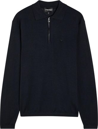 Emporio Armani Logo-embroidered Fine-knit Wool Polo Jumper - Navy - XL