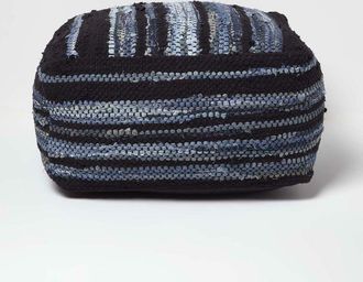 Homescapes Texas Denim Woven Striped Bean Filled Pouffe, 60 cm - Homescapes