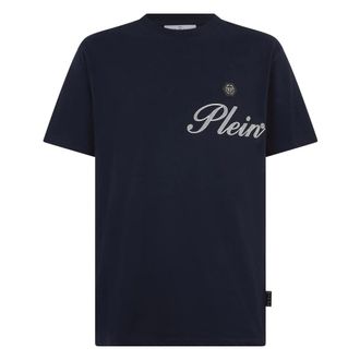 Philipp Plein Tops, Heren, Blauw, M, Katoen, Round Neck T-Shirt Signature