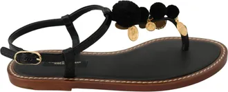 Dolce & Gabbana Black Leather Coins Flip Flops Sandals Womens Shoes