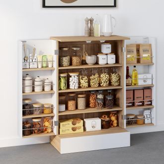 IDMarket Alto Aparador De Cocina Bajo H.90 Cm Con Unidades De Almacenamiento En Blanco Y Madera