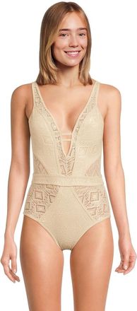 BECCA by Rebecca Virtue Polished Swimsuit Women Gold Crochet Sheer Plunge One Piece RED299