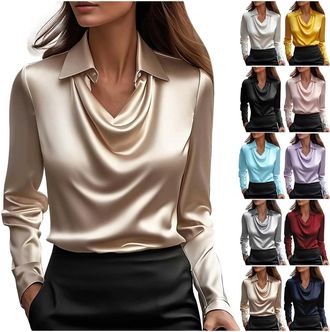 Generic Womens Party Tops Satin Silk Blouses for Women UK Elegant Cowl Neck Long Sleeve Shirts Trendy Solid Color Tunic Blouse Casual Ruched Front Draped Tops