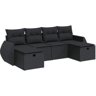 vidaXL Set De Sof&aacute;s De Jard&iacute;n 6 Piezas Y Cojines Rat&aacute;n Sint&eacute;tico Negro