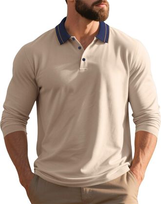 Generic Mens Long Sleeve Polo Shirt - Button Down Classic Style, Pullover Sweatshirt Fabric, Contrast Collar Detail, Timeless Polo for Daily Wear Khaki
