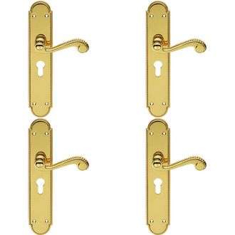Loops 4x PAIR Beaded Pattern Handle on Euro Lock Backplate 249 x 50mm Polished Brass in Metallics