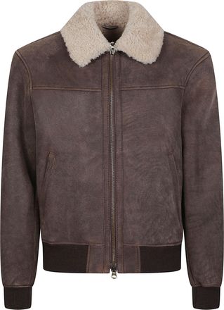 STEWART Sean Brown Leather Shearling Collar Bomber Jacket