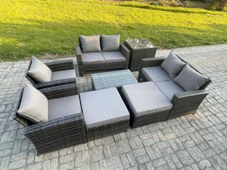 Fimous Garden Furniture Sets 8 Pieces Outdoor Rattan Furniture Manual Wicker Patio Sofa Chair Set with Coffee Table in Dark Grey