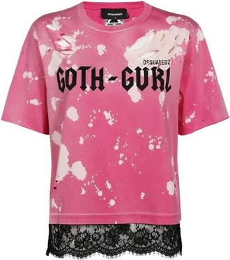 Dsquared2 T-shirt met Distressed Lace Trim - Dames - T-shirts - Roze - M - Katoen - Tops