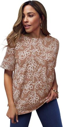 Jessica London Stretch Cotton Cuff Tee in Creamy Mocha Moving Floral at Nordstrom, Size 32